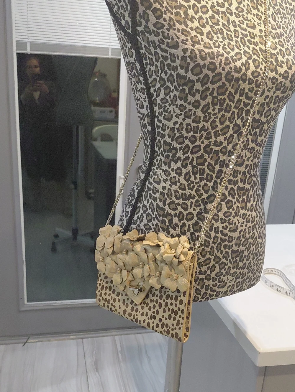 Floral Applique Calf Hair Leopard-Print Crossbody Bag in Beige - Picture 2 of 14